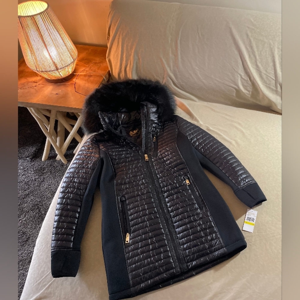 NWT Stunning Michael Kors Black MK Puffer Coat Plush Fur Designer Jacket S - 3X - Picture 3 of 14